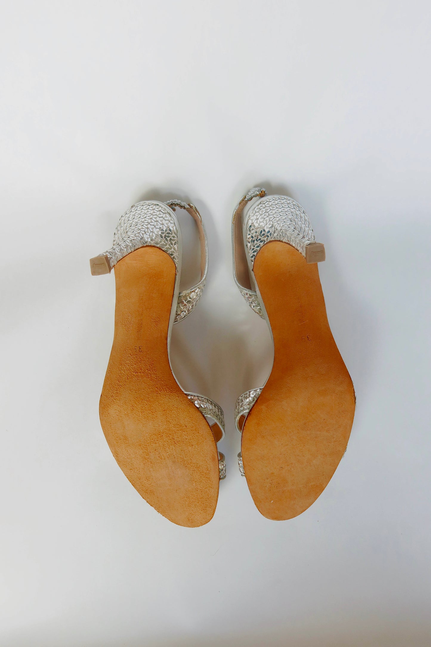 Manolo Blahnik — Silver Sequin Crossover Strap Slingback Sandal