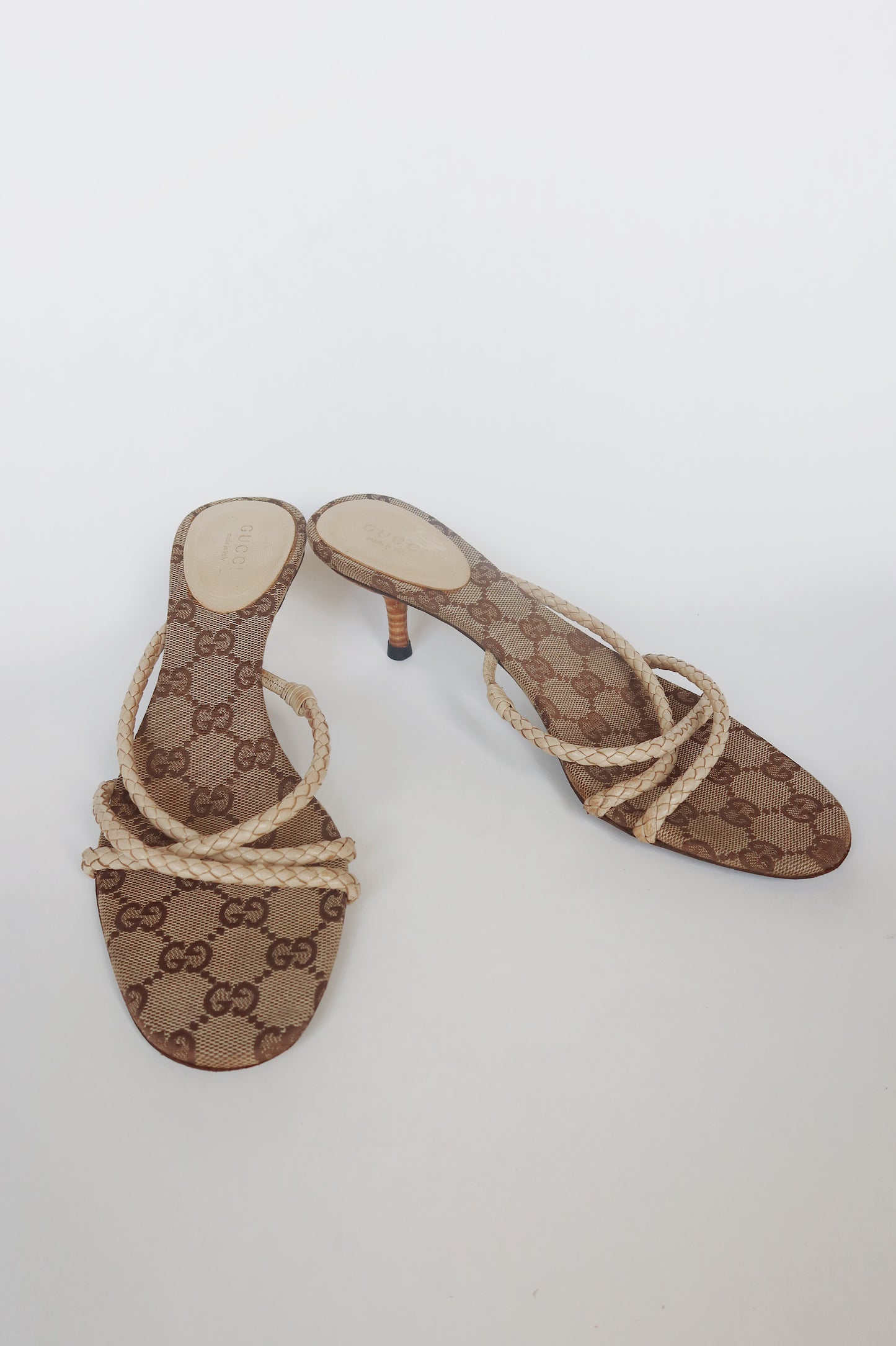 Gucci by Tom Ford — GG Monogram Canvas Braided Leather Strap Kitten Heel Sandal
