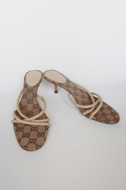 Gucci by Tom Ford — GG Monogram Canvas Braided Leather Strap Kitten Heel Sandal