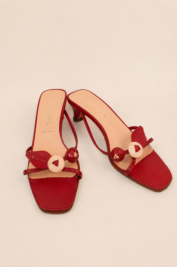Prada — Vintage Red Leather Flower Detail Kitten Heel