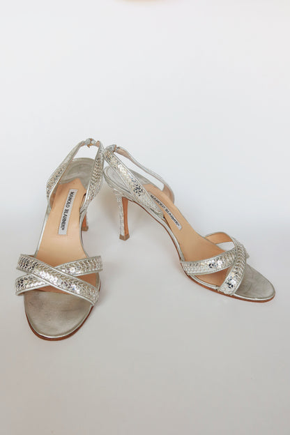 Manolo Blahnik — Silver Sequin Crossover Strap Slingback Sandal