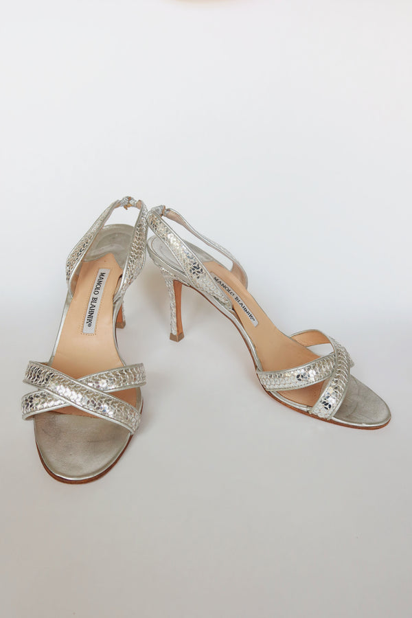 Manolo Blahnik — Silver Sequin Crossover Strap Slingback Sandal