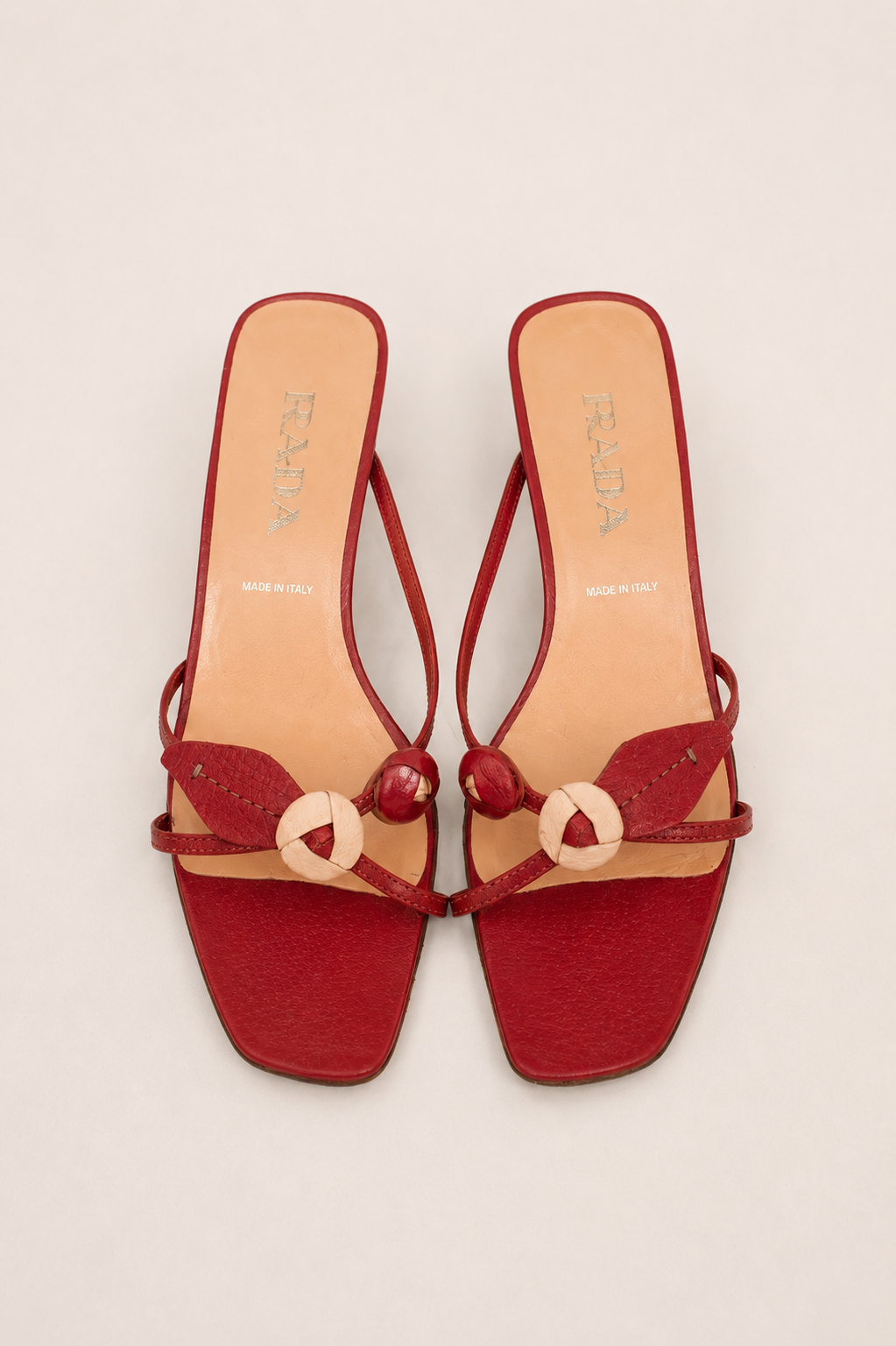 Prada — Vintage Red Leather Flower Detail Kitten Heel Mule