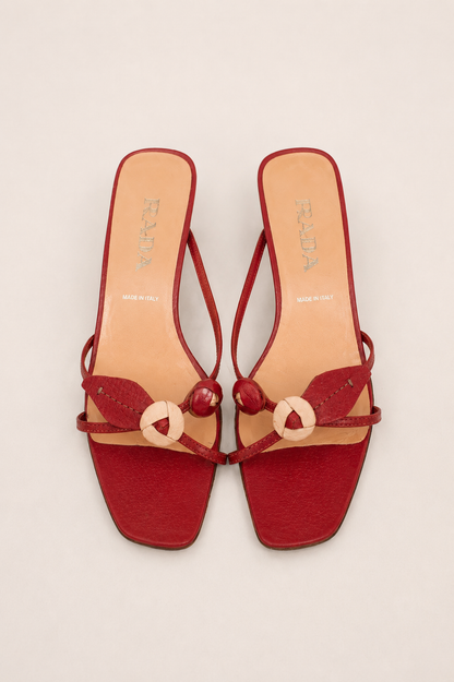 Prada — Vintage Red Leather Flower Detail Kitten Heel Mule