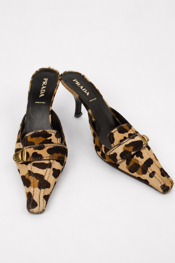 Prada — Vintage Leopard Print Pony Hair Kitten Heel Mule