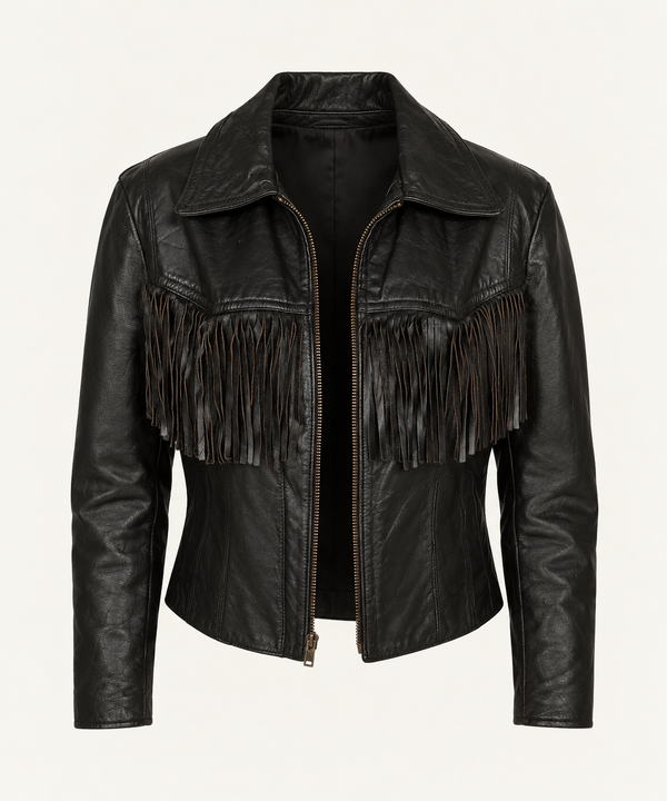 Vintage Black Leather Fringe Jacket