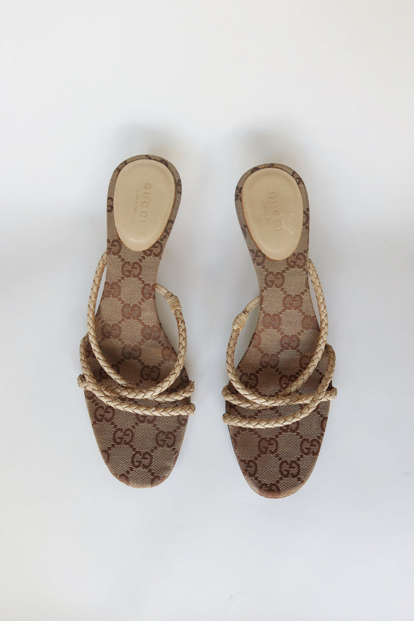 Gucci by Tom Ford — GG Monogram Canvas Braided Leather Strap Kitten Heel Sandal