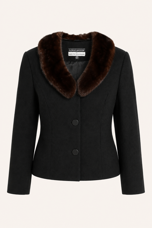 Vintage Black Tailored Jacket, Fur-Trimmed Collar