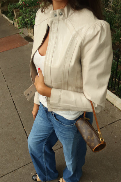 Vintage Cream Leather Cropped Moto Jacket