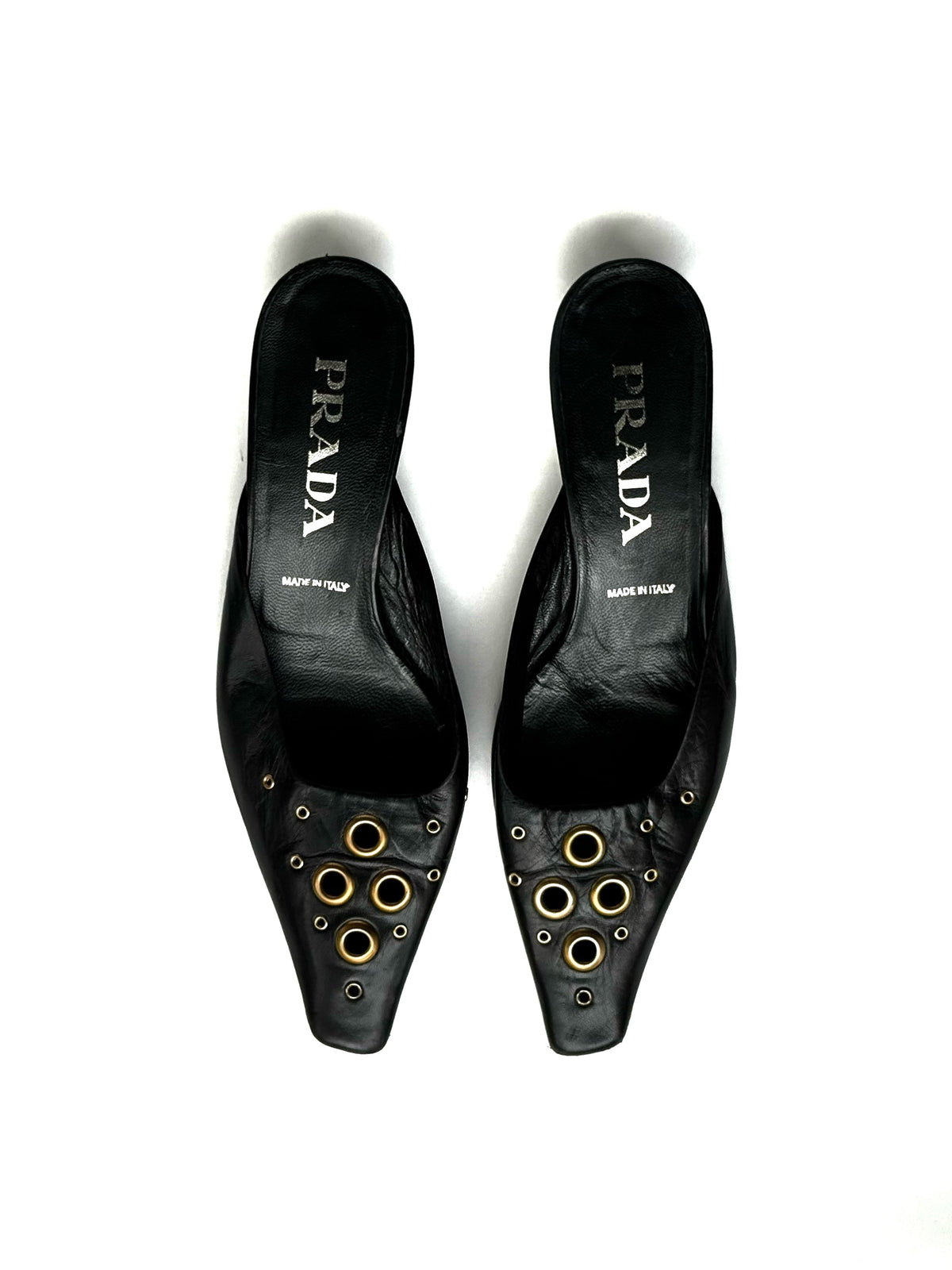 Prada — Vintage Black Leather Grommet Kitten Heel Mule