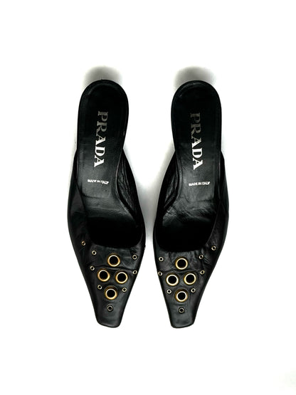 Prada — Vintage Black Leather Grommet Kitten Heel Mule