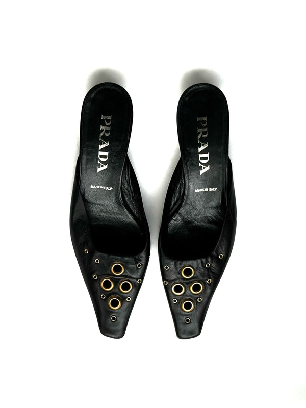 Prada — Vintage Black Leather Grommet Kitten Heel Mule