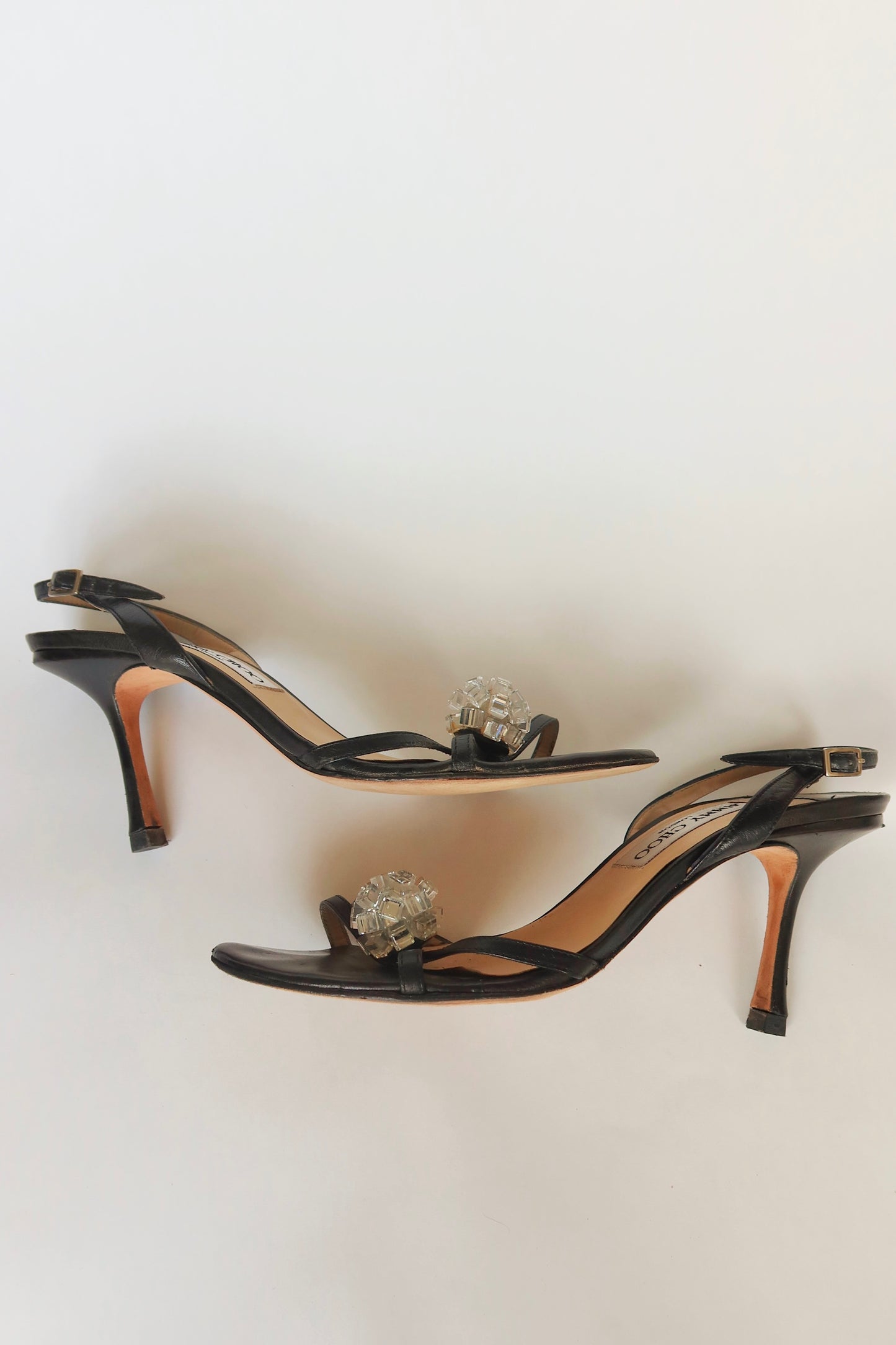 Jimmy Choo — Vintage Black Leather Crystal Cluster "Disco Ball" Slingback Sandal