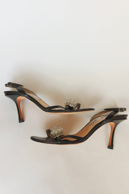 Jimmy Choo — Vintage Black Leather Crystal Cluster "Disco Ball" Slingback Sandal