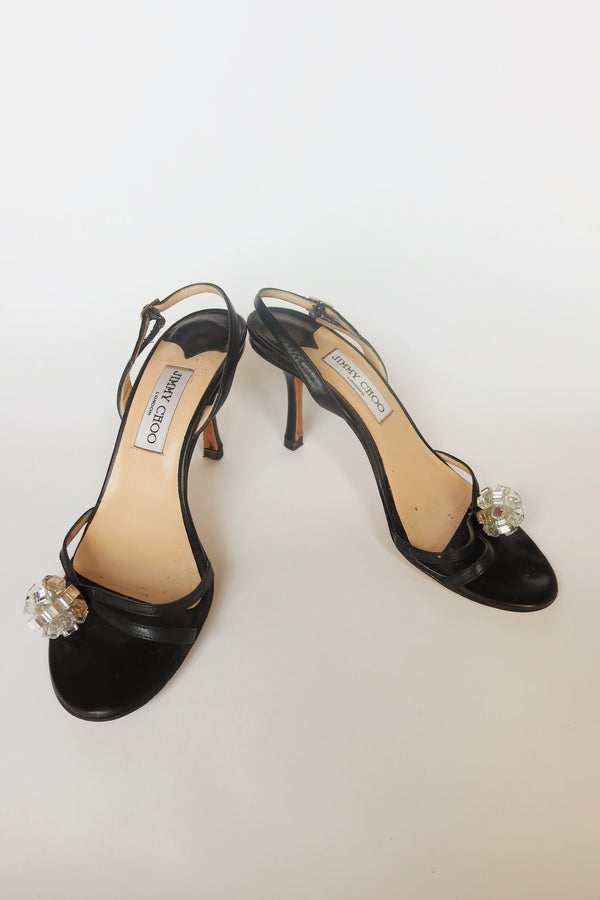 Jimmy Choo — Vintage Black Leather Crystal Cluster "Disco Ball" Slingback Sandal