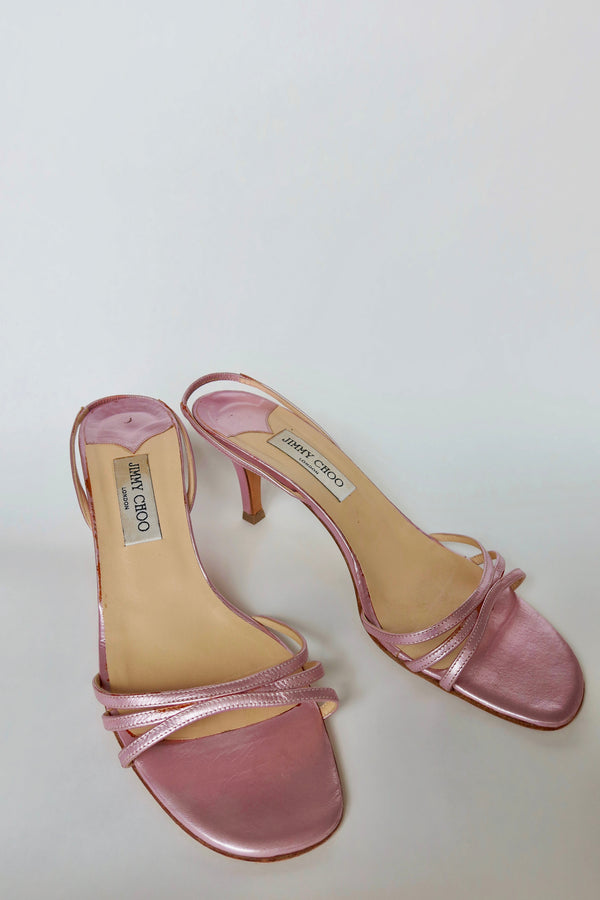 Jimmy Choo — Vintage Rose Metallic Multi-Strap Slingback Kitten Heel