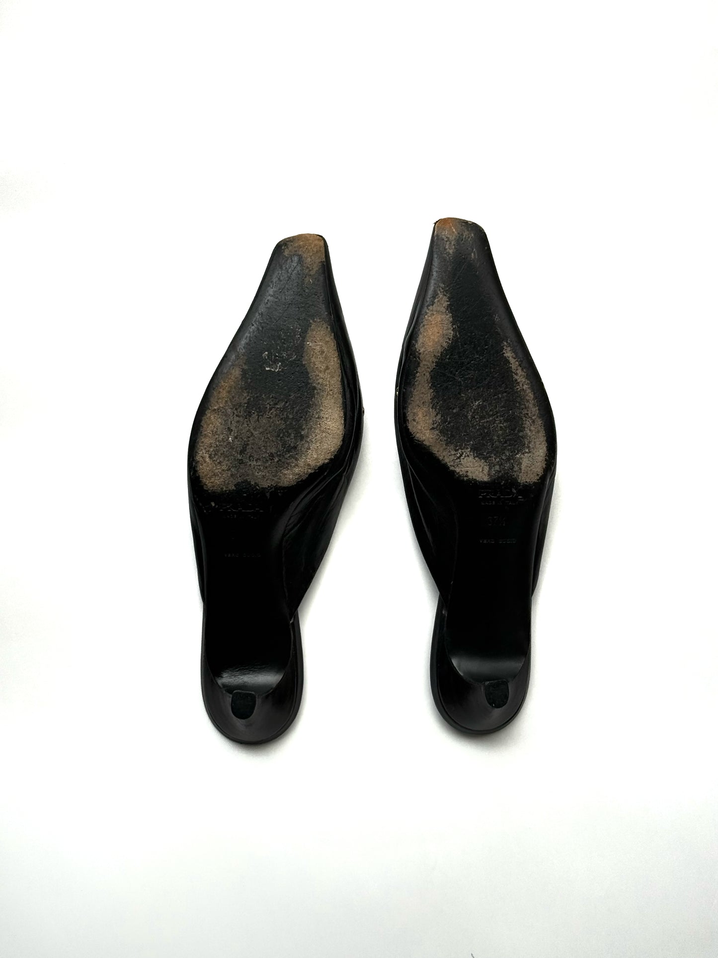 Prada — Vintage Black Leather Grommet Kitten Heel Mule