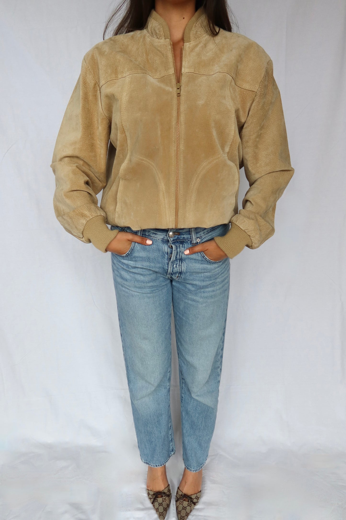 Tan Suede Bomber Jacket