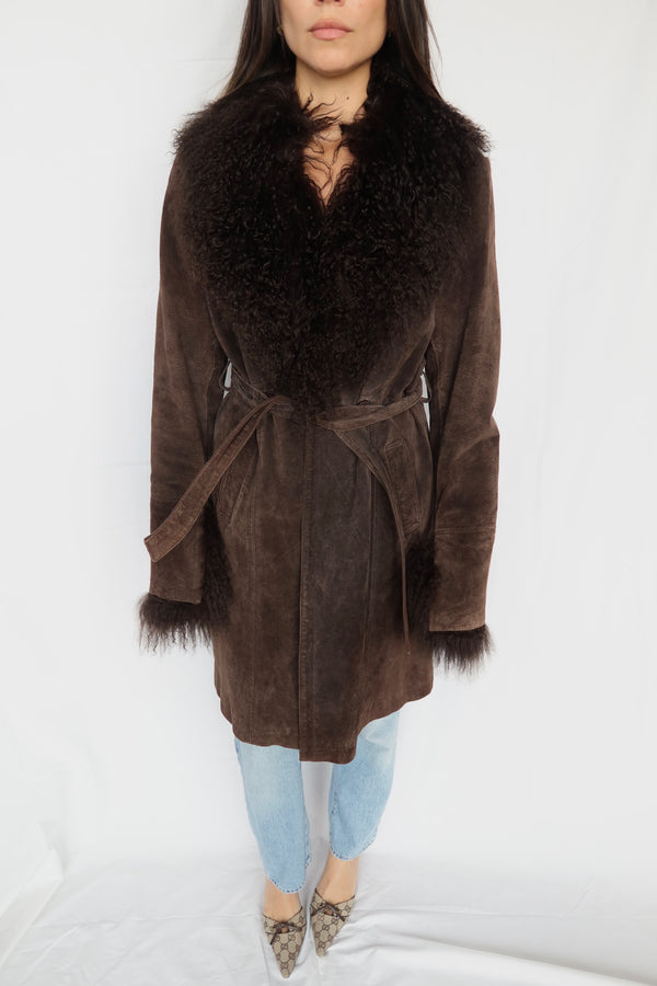 Mongolian Fur Trim Chocolate Trench Coat