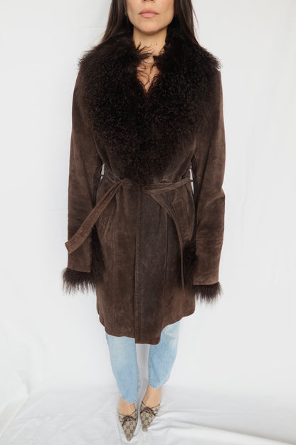 Mongolian Fur Trim Chocolate Trench Coat