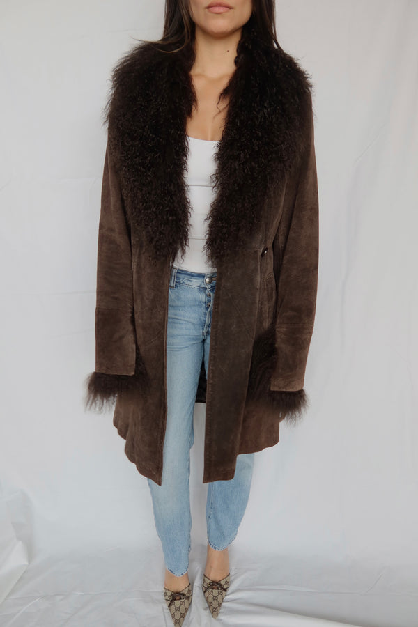 Mongolian Fur Trim Chocolate Trench Coat