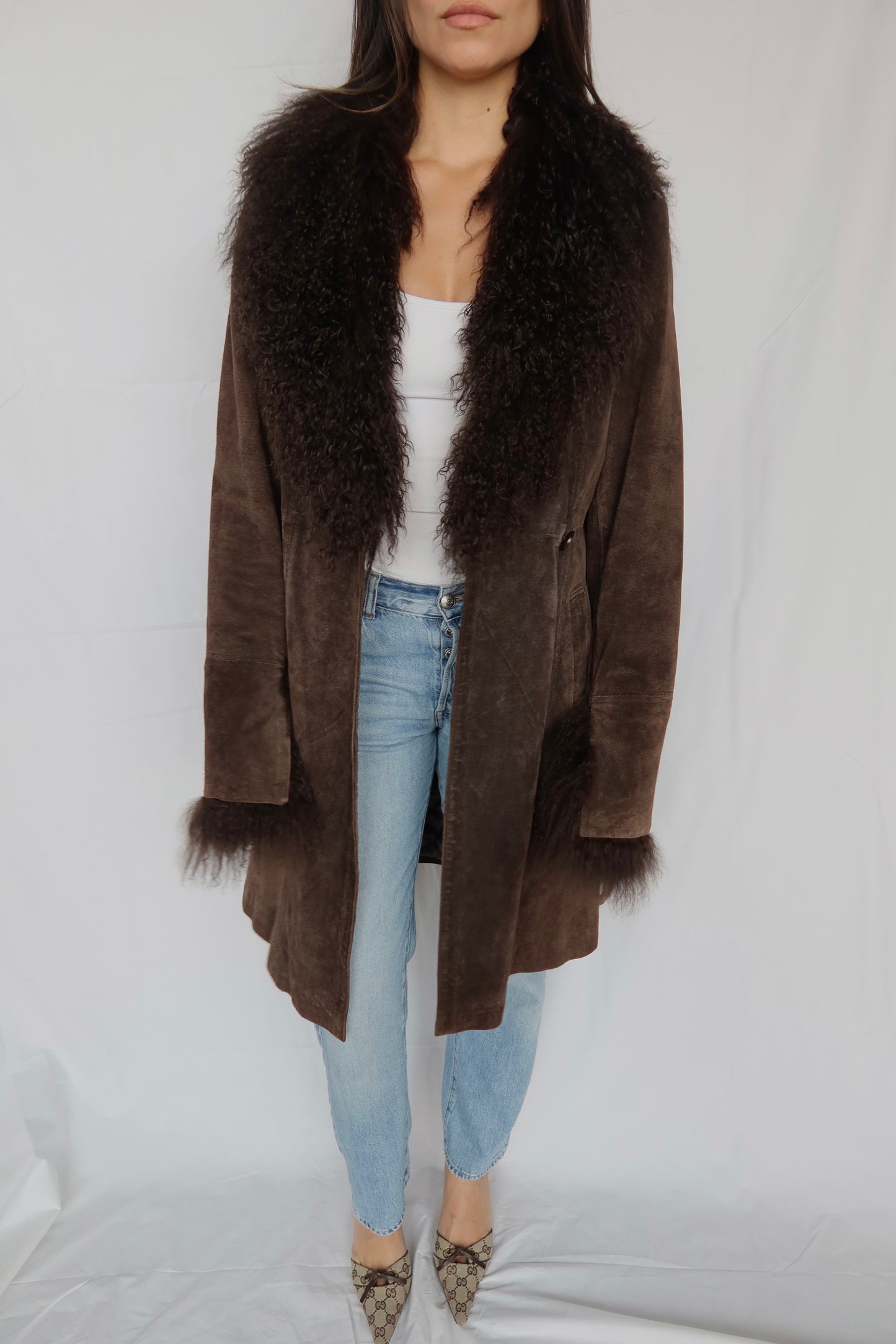 Mongolian Fur Trim Chocolate Trench Coat