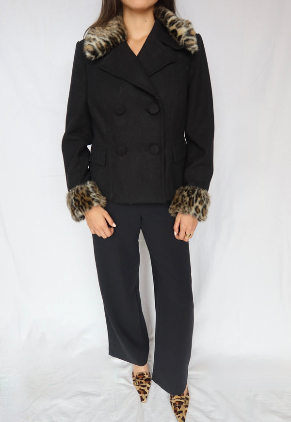 Black Wool Jacket with Leopard Trim