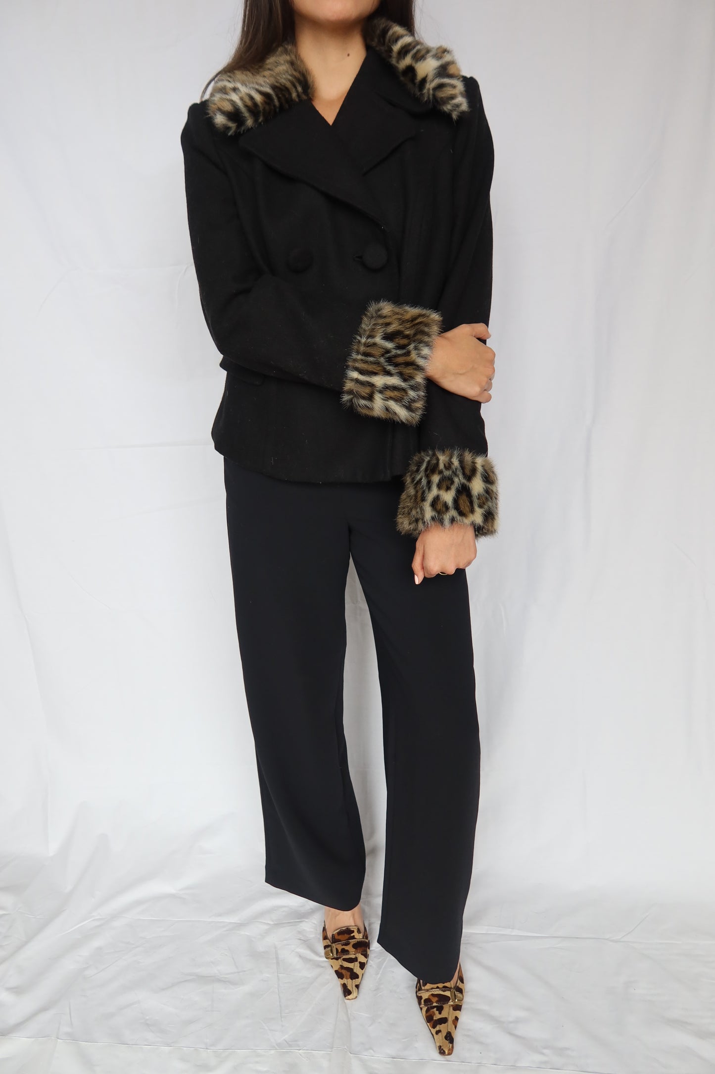 Black Wool Jacket with Leopard Trim