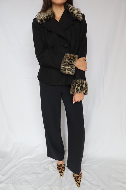 Black Wool Jacket with Leopard Trim