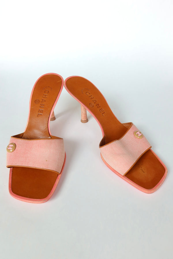 Chanel — Vintage Pink Canvas CC Button Mule Heel