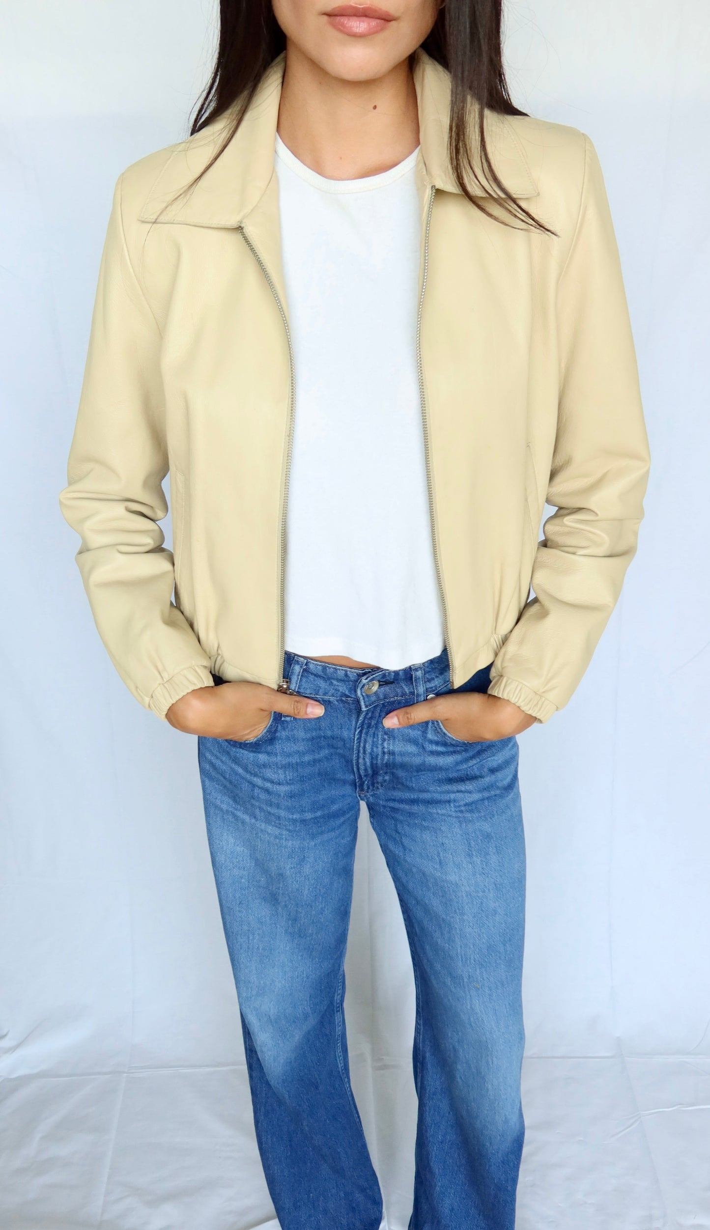 Vintage Ivory Leather Bomber Jacket