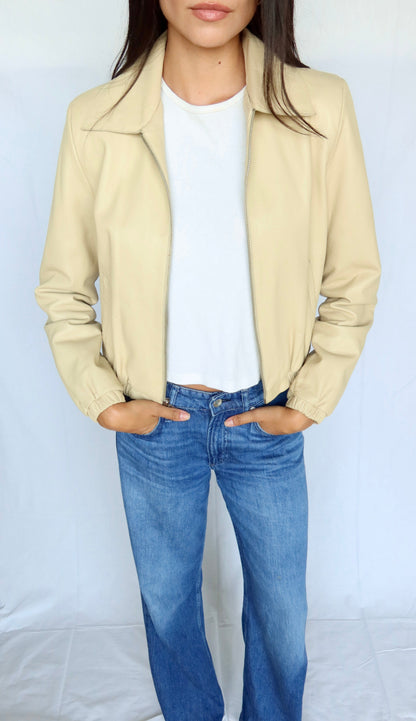 Vintage Ivory Leather Bomber Jacket