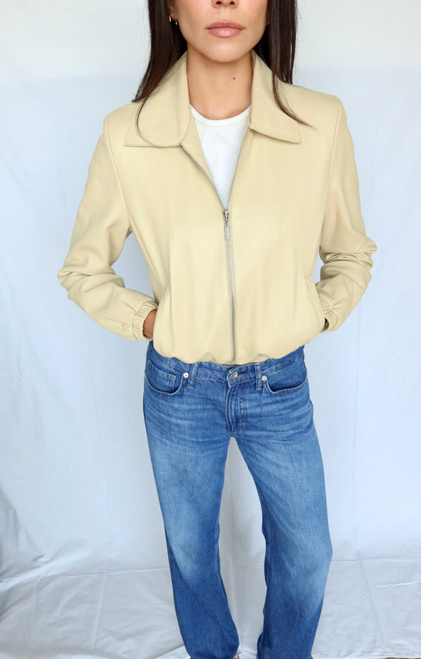Vintage Ivory Leather Bomber Jacket