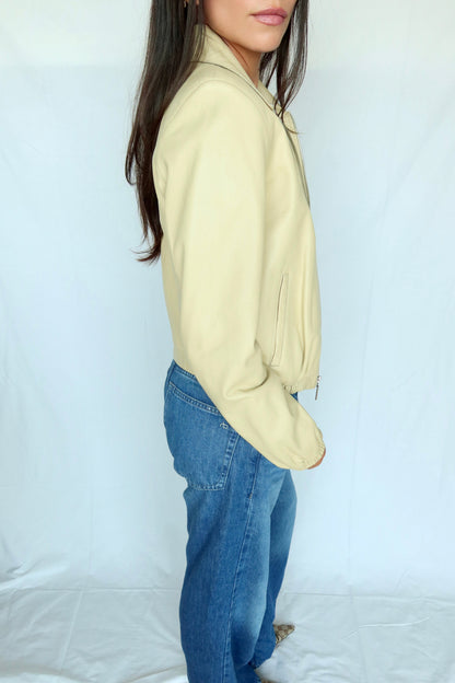 Vintage Ivory Leather Bomber Jacket