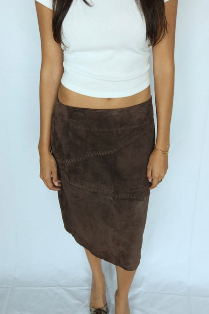 Vintage Brown Suede Leather Midi Skirt