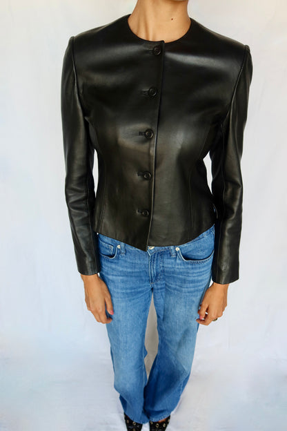 Vintage Collarless Black Leather Jacket