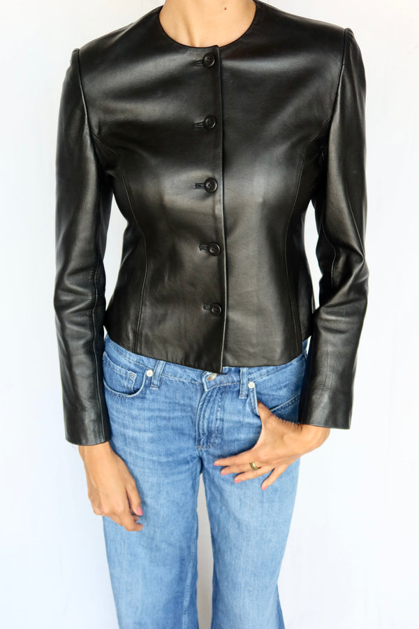 Vintage Collarless Black Leather Jacket