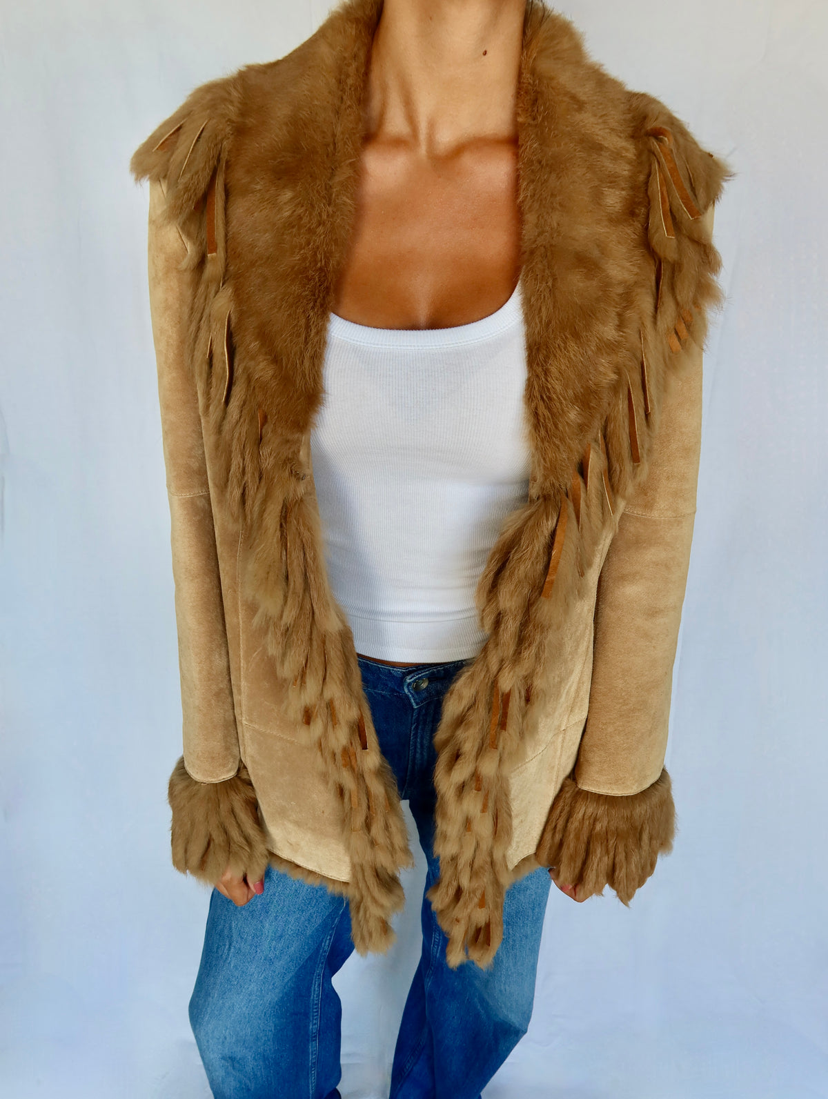 Vintage Shearling-Fringe Suede Coat