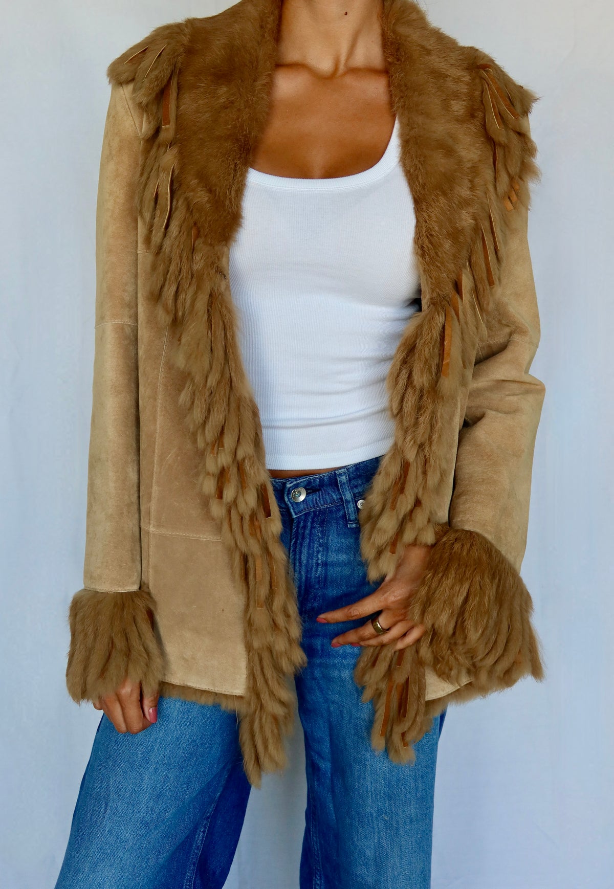 Vintage Shearling-Fringe Suede Coat