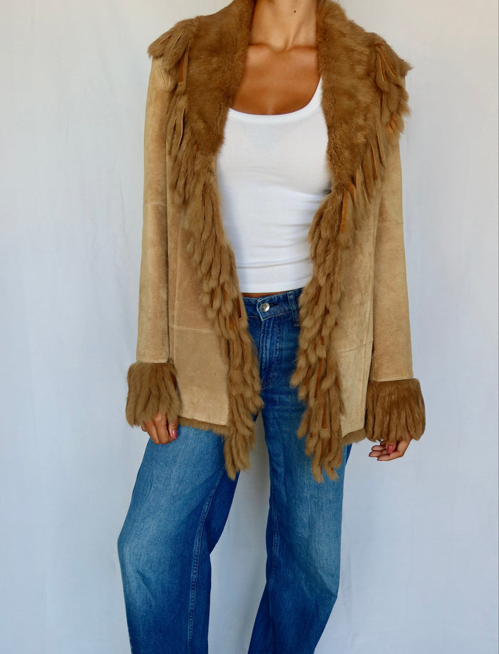 Vintage Shearling-Fringe Suede Coat