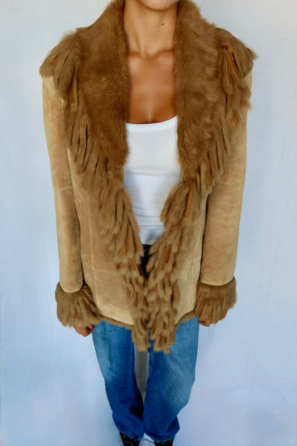 Vintage Shearling-Fringe Suede Coat