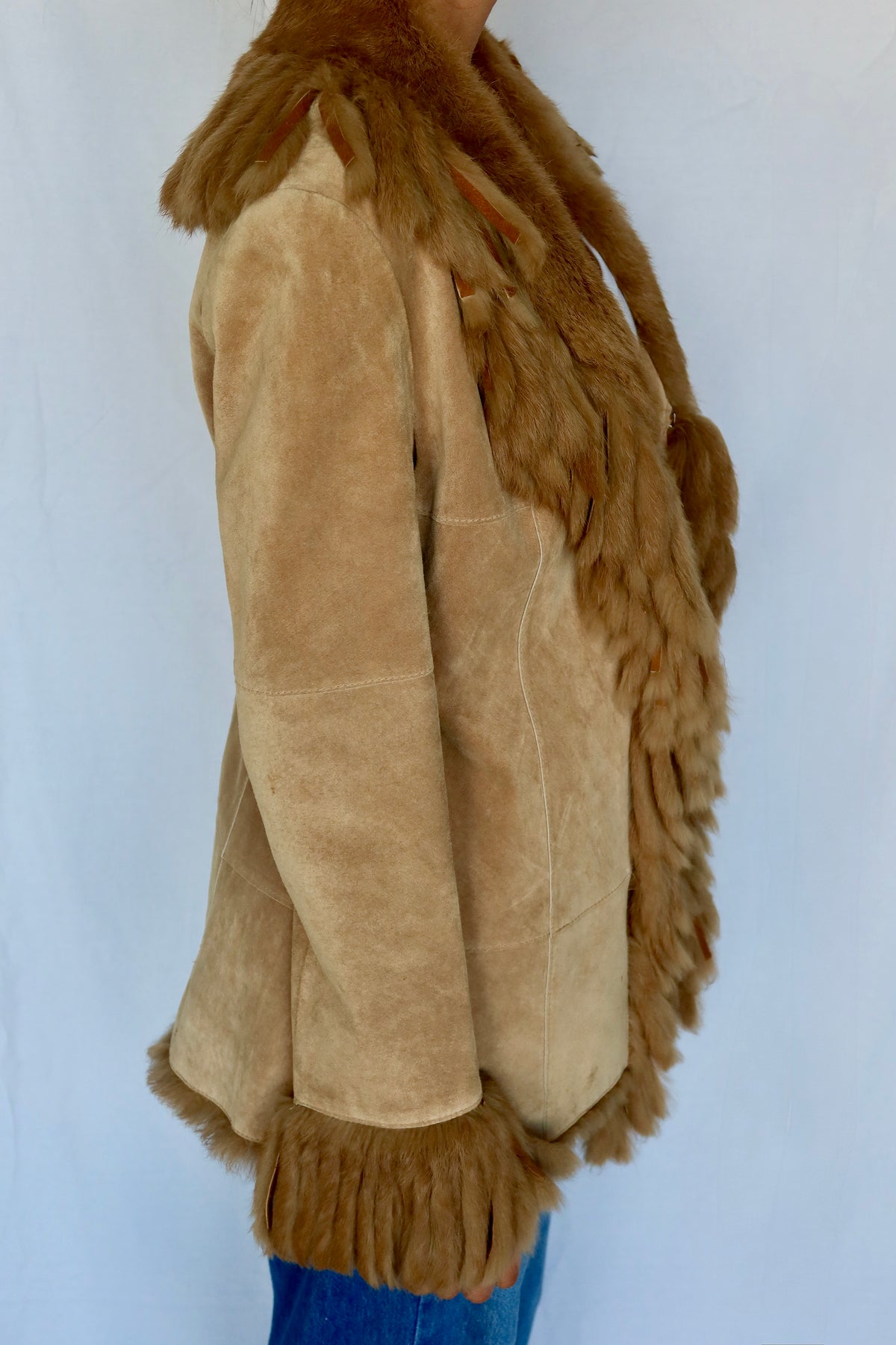 Vintage Shearling-Fringe Suede Coat