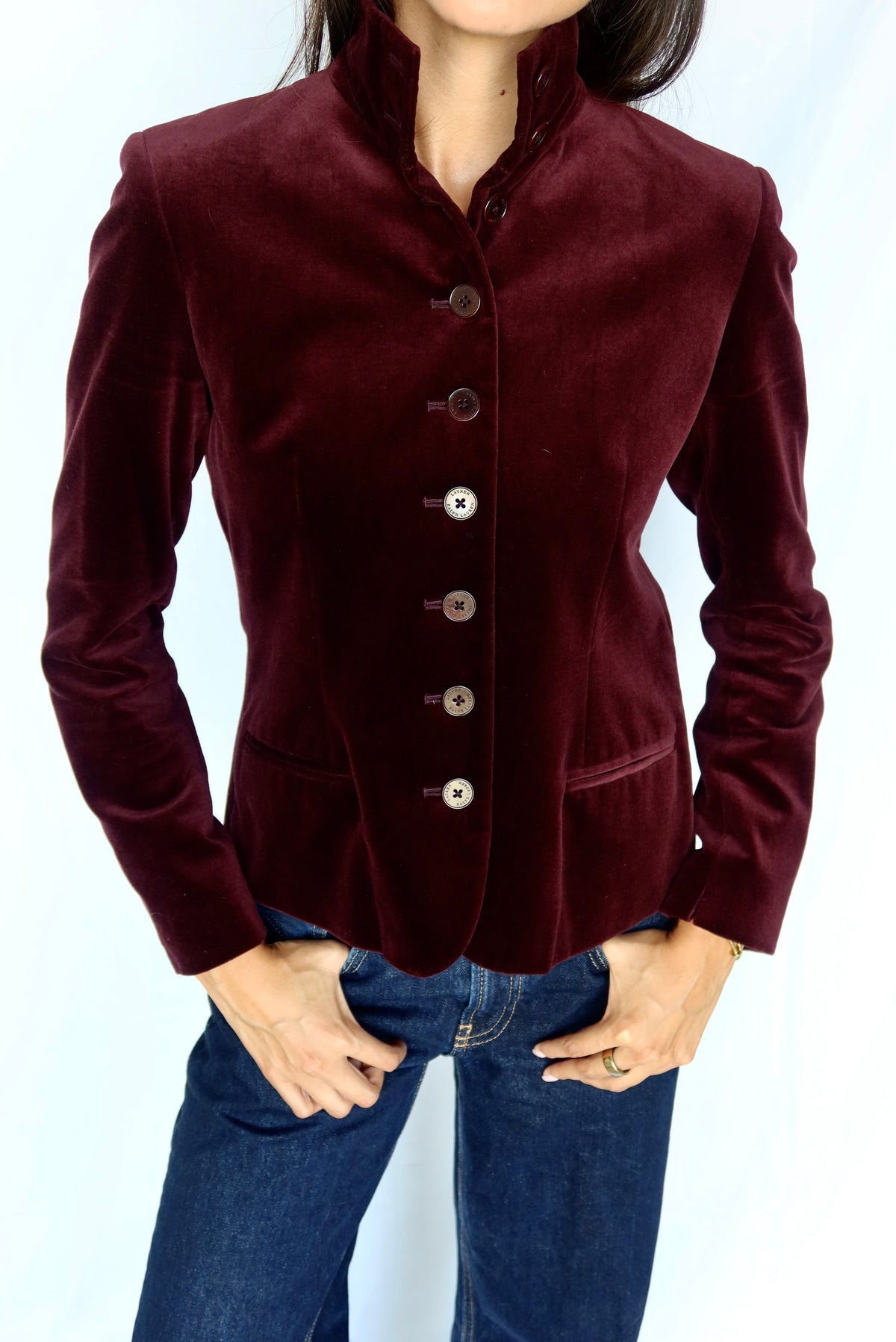Vintage Ralph Lauren Burgundy Velvet Jacket, Stand Collar