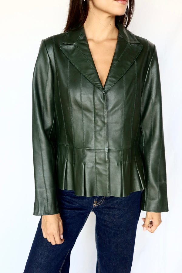 Vintage Green Leather Blazer, Pleated Hem