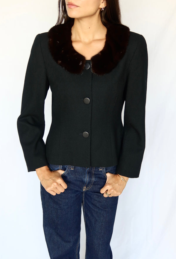 Vintage Black Tailored Jacket, Fur-Trimmed Collar