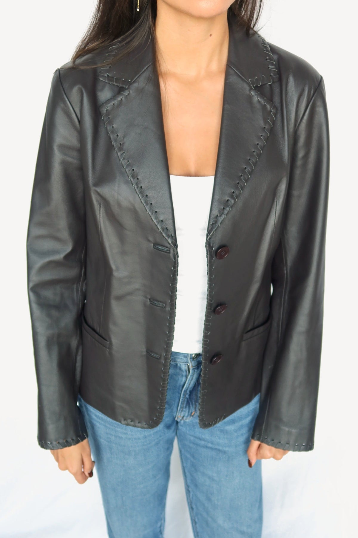 Black leather whipstitch blazer, front view