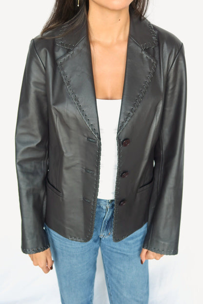 Black leather whipstitch blazer, front view