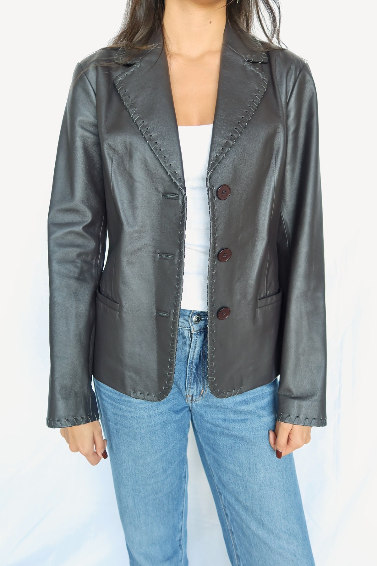 Black leather whipstitch blazer, view 2