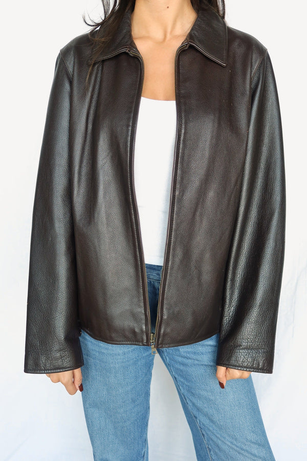 Dark brown pebbled leather jacket, front view
