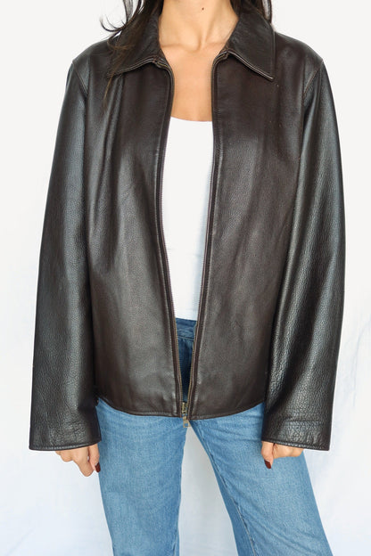Dark brown pebbled leather jacket, front view